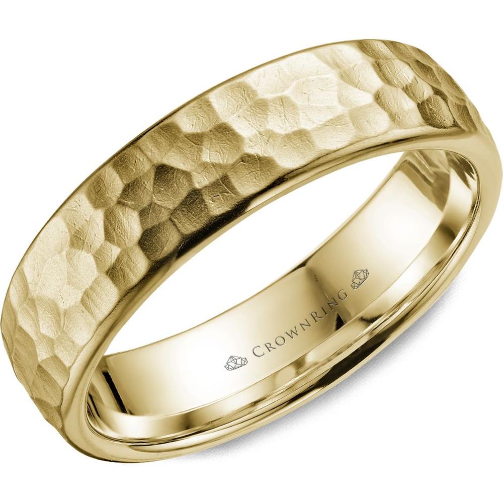CrownRing Men's Wedding Band - Textured Hammered Finish with Subtle Polished Edges in 14K Yellow Gold - 6mm Width from the Carved Collection