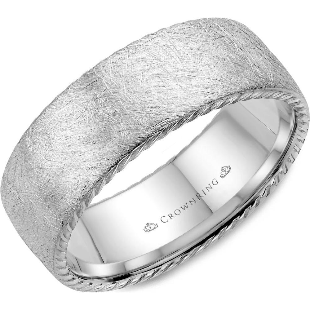 CrownRing Men's Wedding Band - Textured Matte Finish with Rope-Edged Detailing in 14K White Gold - 8mm Width from the Carved Collection