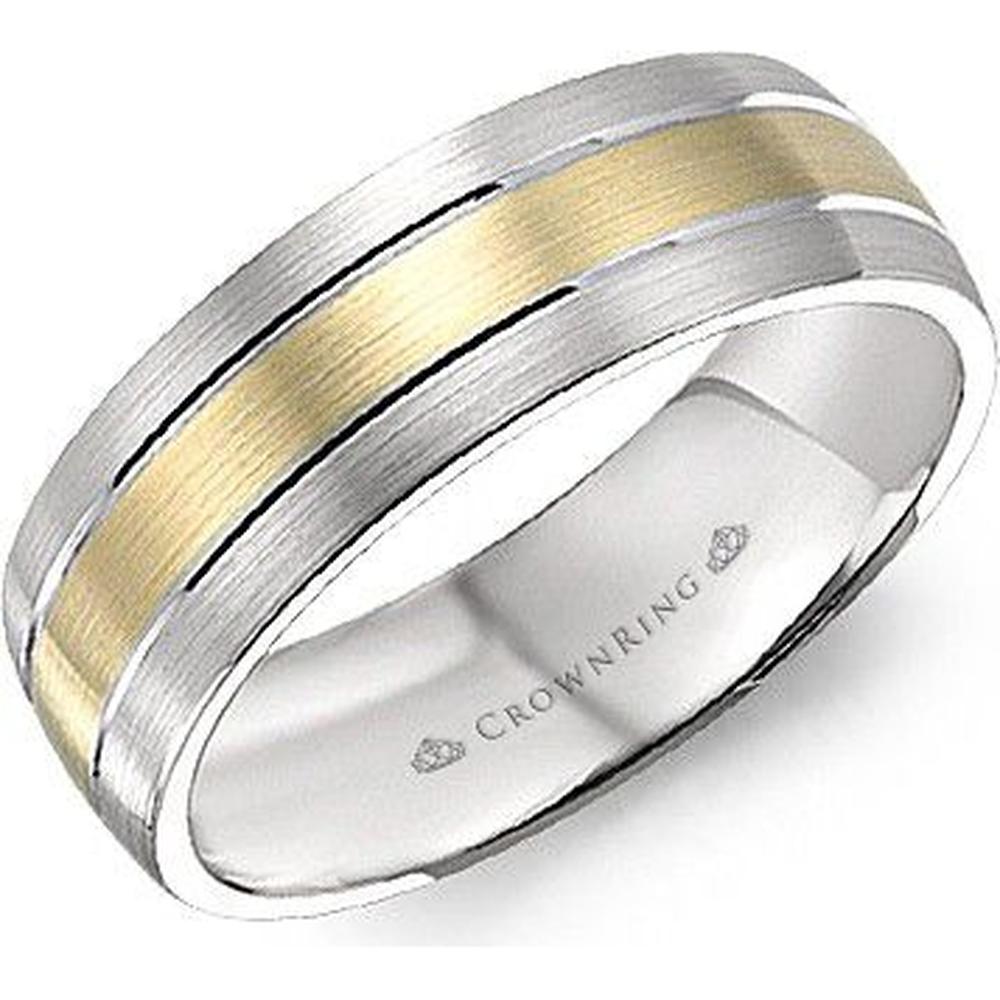 CrownRing Men's Wedding Band - Two-Tone Brushed Center with Polished Edges and Grooves in 14K Yellow Gold and White Gold - 6mm Width from the Classic Collection