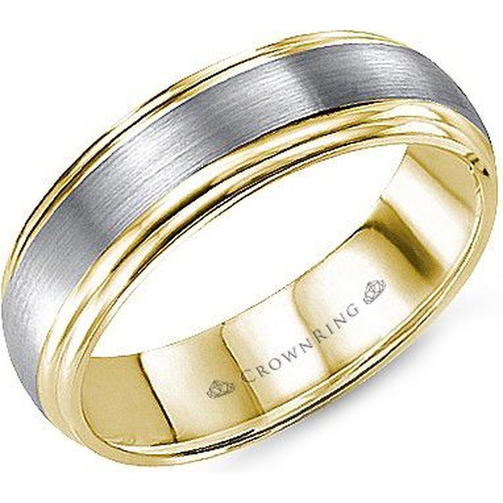 CrownRing Men's Wedding Band - Two-Tone Brushed Center with Polished Stepped Edges in 14K White Gold and Yellow Gold - 6mm Width from the Classic Collection