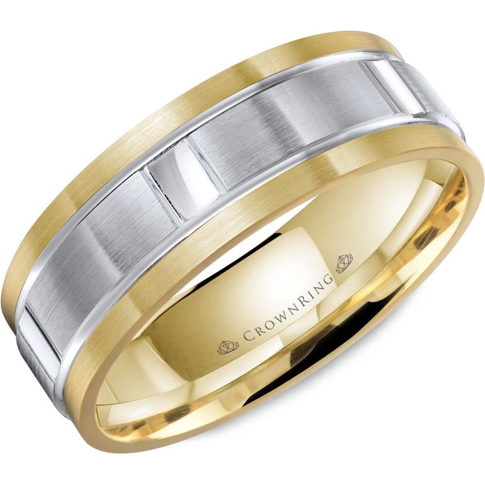 CrownRing Men's Wedding Band - Two-Tone Brushed Design with Polished Inlay in 14K Yellow and White Gold - 7mm Width from the Carved Collection
