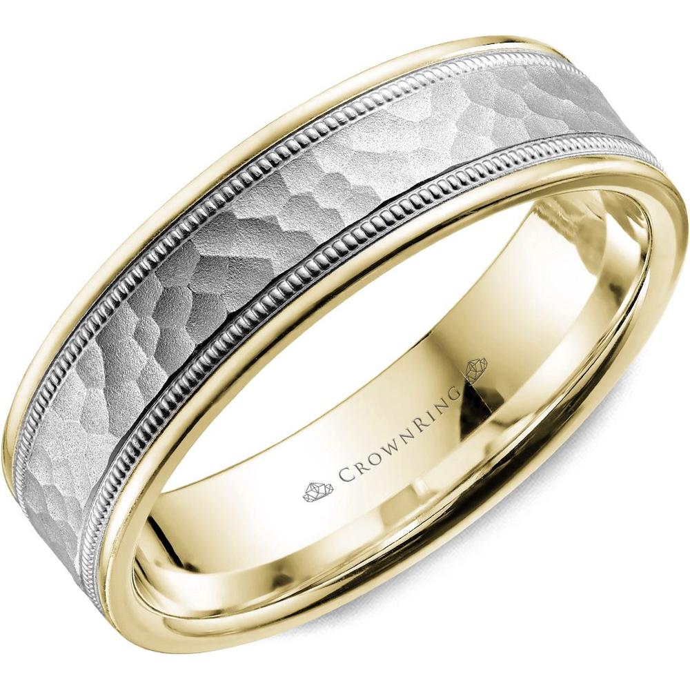 CrownRing Men's Wedding Band - Two-Tone Hammered Finish with Milgrain Detail in 14K Yellow and White Gold - 6mm Width from the Carved Collection