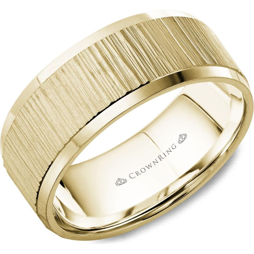 CrownRing Men's Wedding Band - Vertical Brushed Texture with High-Polish Edges in 14K Yellow Gold - 8.5mm Width from the Carved Collection