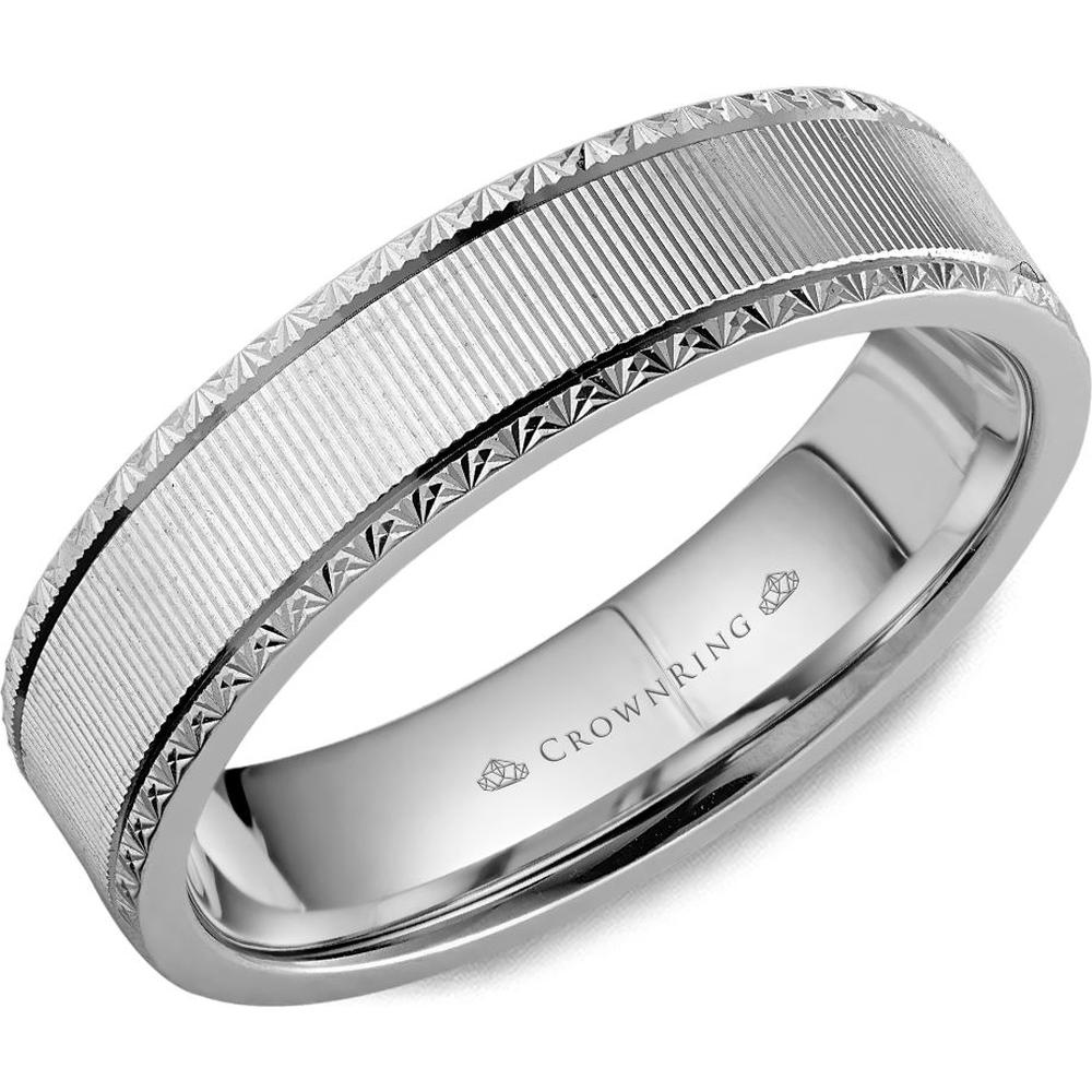 CrownRing Men's Wedding Band - Vertical-Line Finish with Pyramid Ridge Detailing in 14K White Gold - 5.5mm Width from the Carved Collection