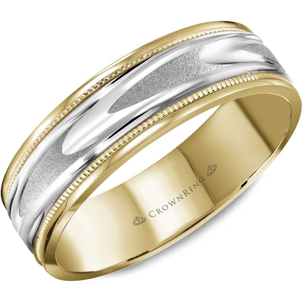 CrownRing Men's Wedding Band - Wave Design with Sandblasted Texture, Polished Accents, and Milgrain Edges in 14K Yellow and White Gold - 6mm Width from the Carved Collection