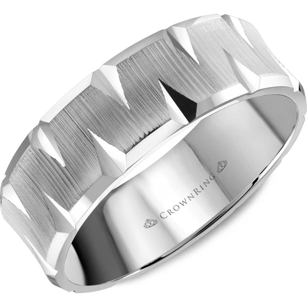 CrownRing Men's Wedding Band - Zigzag Carved Design with Brushed Finish and Polished Facets. in 14K White Gold - 7mm Width from the Carved Collection