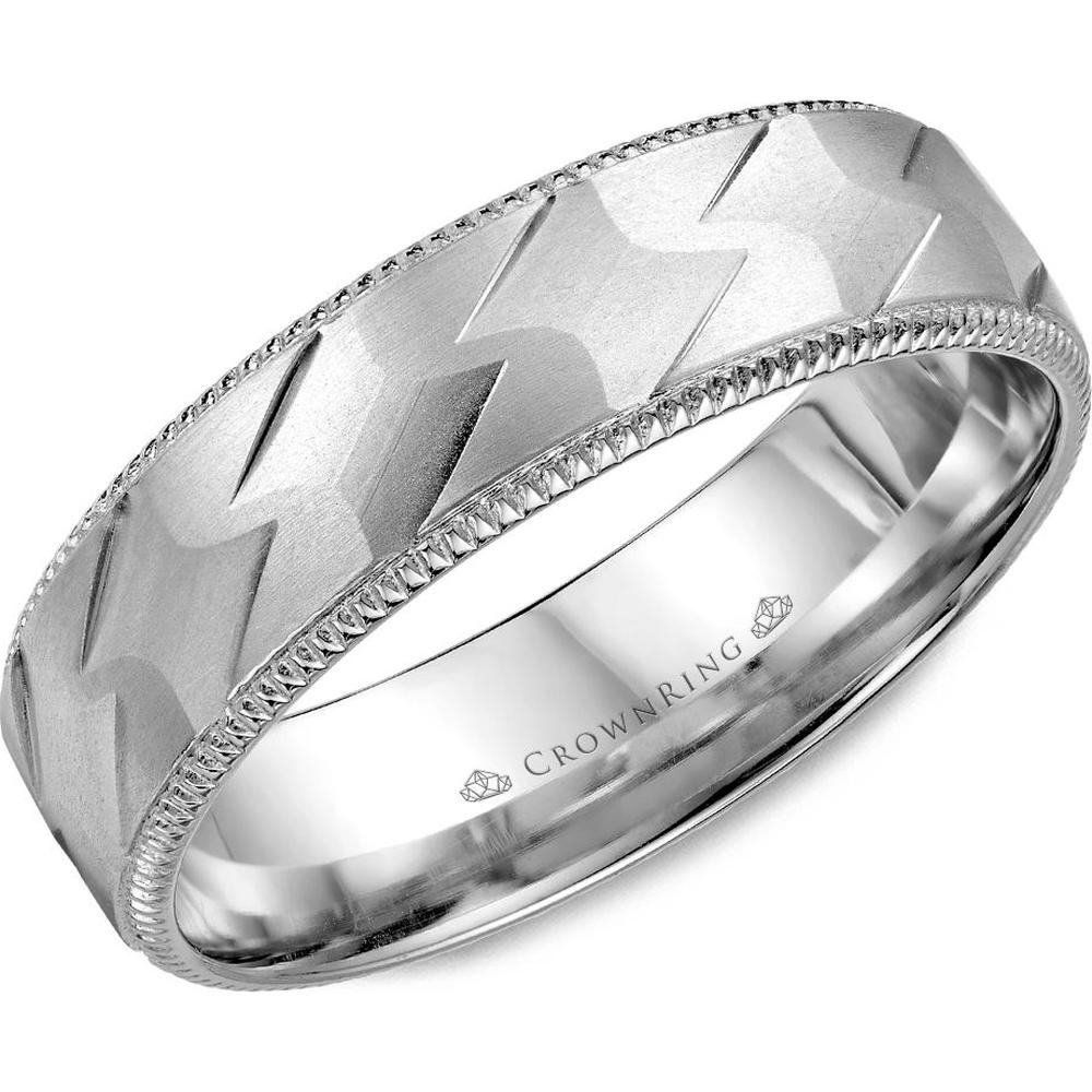 CrownRing Men's Wedding Band - Zigzag Pattern with Milgrain Edging and Satin Finish in 14K White Gold - 6mm Width from the Carved Collection