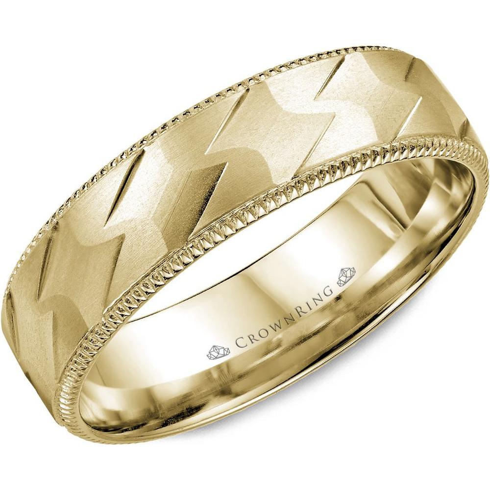 CrownRing Men's Wedding Band - Zigzag Pattern with Milgrain Edging and Satin Finish in 14K Yellow Gold - 6mm Width from the Carved Collection