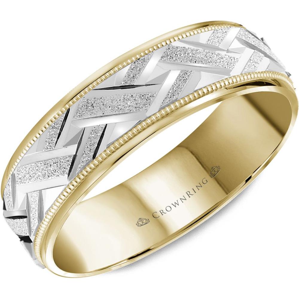 CrownRing Men's Wedding Band - Zigzag Textured Design with Sandblasted Details, Polished Accents, and Milgrain Edges in 14K Yellow and White Gold - 6mm Width from the Carved Collection