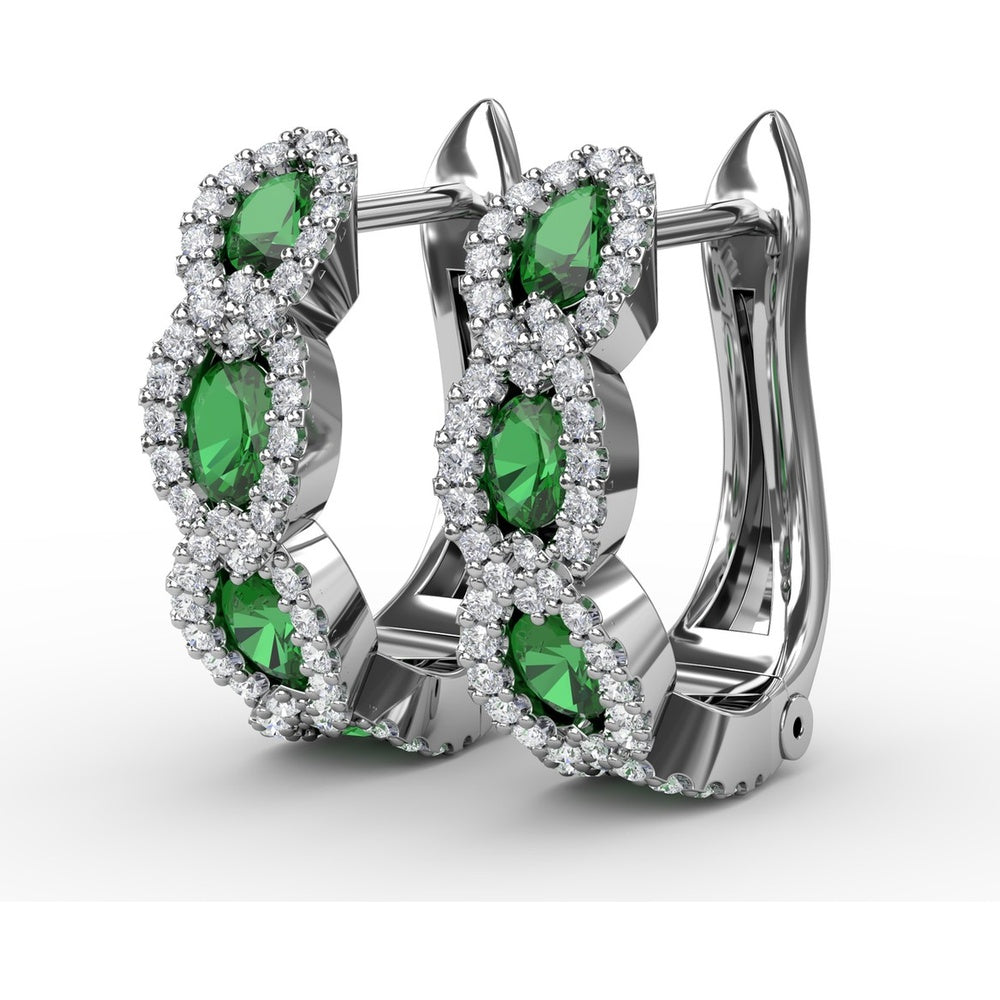 Curb Link Hoop Earrings with Oval Emeralds and Pavé Diamond Halos by Fana - 1.35 Carat Total Gemstone Weight