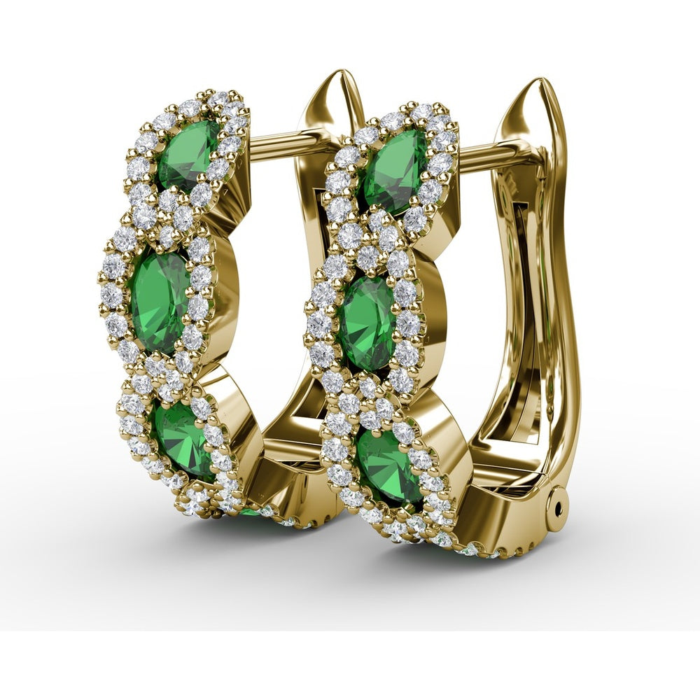 Curb Link Hoop Earrings with Oval Emeralds and Pavé Diamond Halos by Fana - 1.35 Carat Total Gemstone Weight