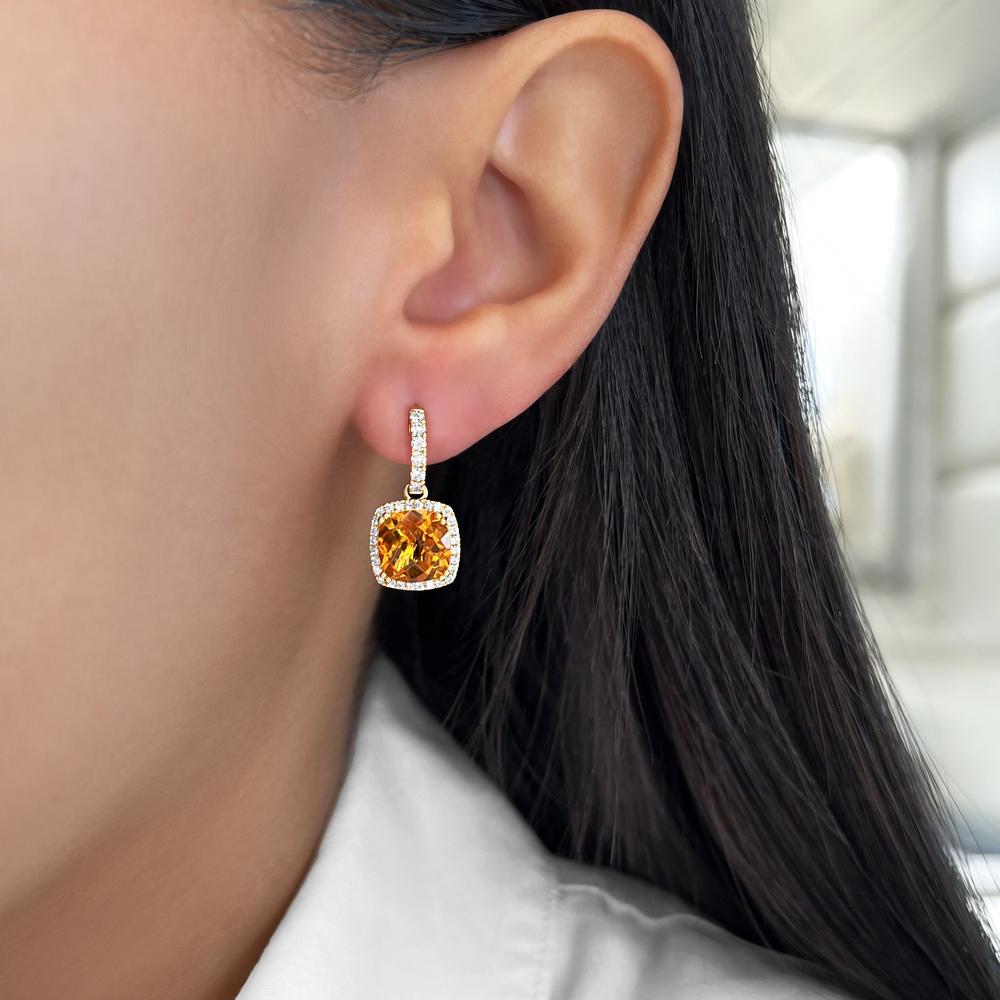 Cushion Citrine and Diamond Drop Earrings in 18K Yellow Gold by Charles Krypell