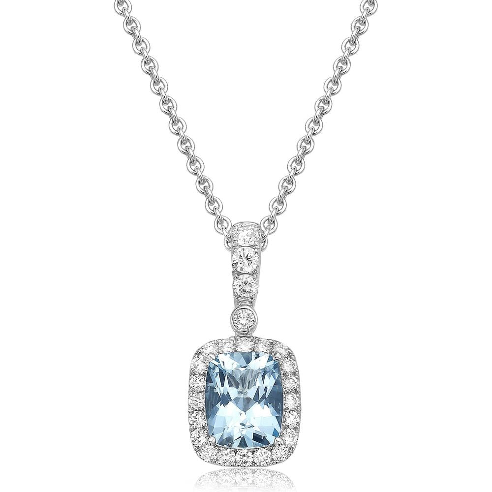 Cushion Cut Aquamarine, Diamond and Blue Sapphire Pendant Necklace in 18K White Gold by Charles Krypell