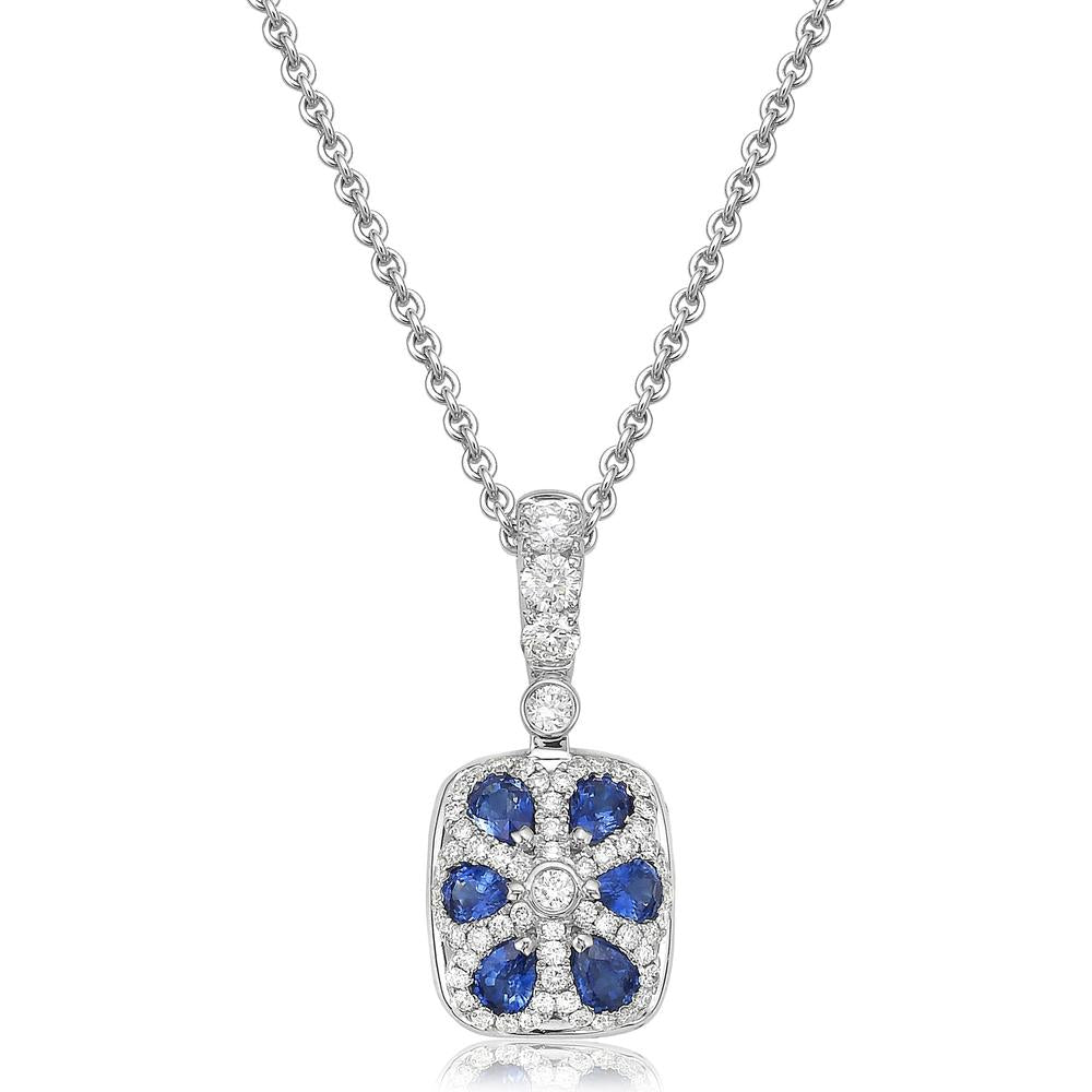 Cushion Cut Aquamarine, Diamond and Blue Sapphire Pendant Necklace in 18K White Gold by Charles Krypell