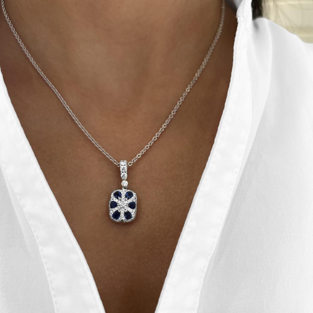 Cushion Cut Aquamarine, Diamond and Blue Sapphire Pendant Necklace in 18K White Gold by Charles Krypell
