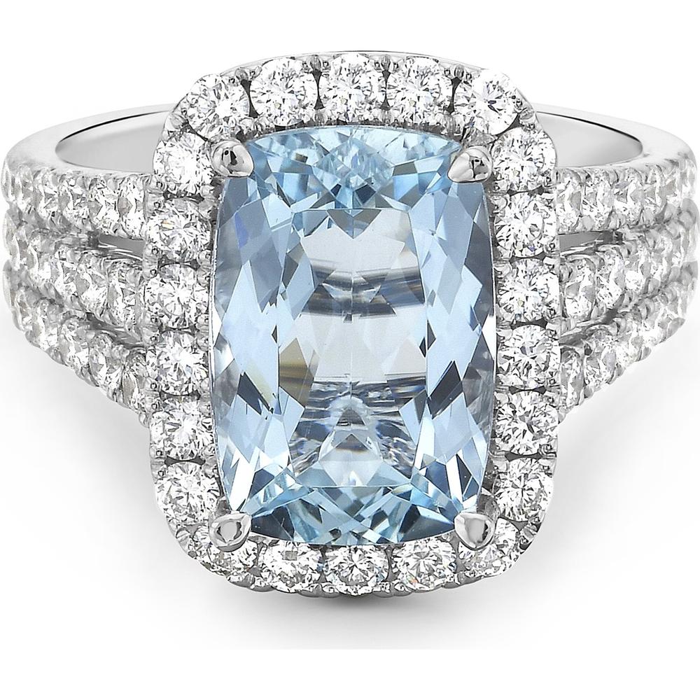 Cushion Cut Aquamarine, Diamond and Blue Sapphire Triple Row Split Shank Ring in 18K White Gold by Charles Krypell