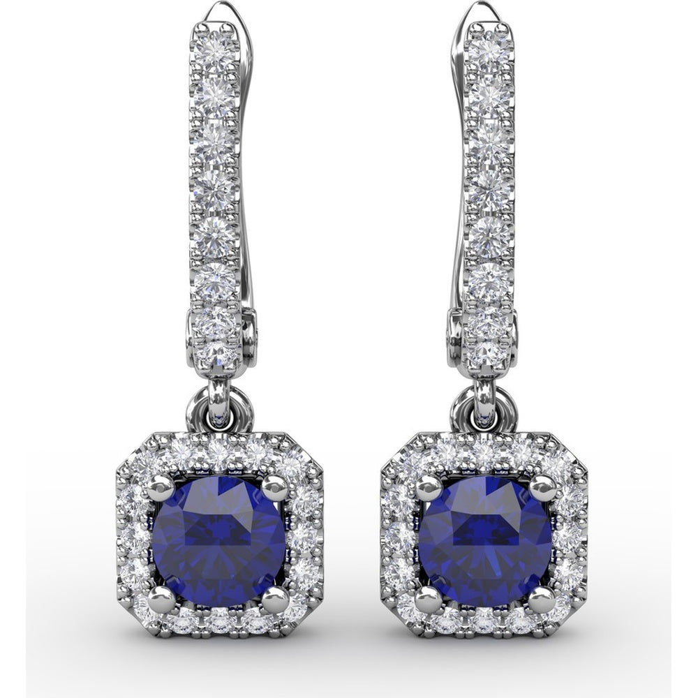 Cushion Cut Blue Sapphire Dangle Earrings with Diamond Halo by Fana - 0.97 Carat Total Gemstone Weight