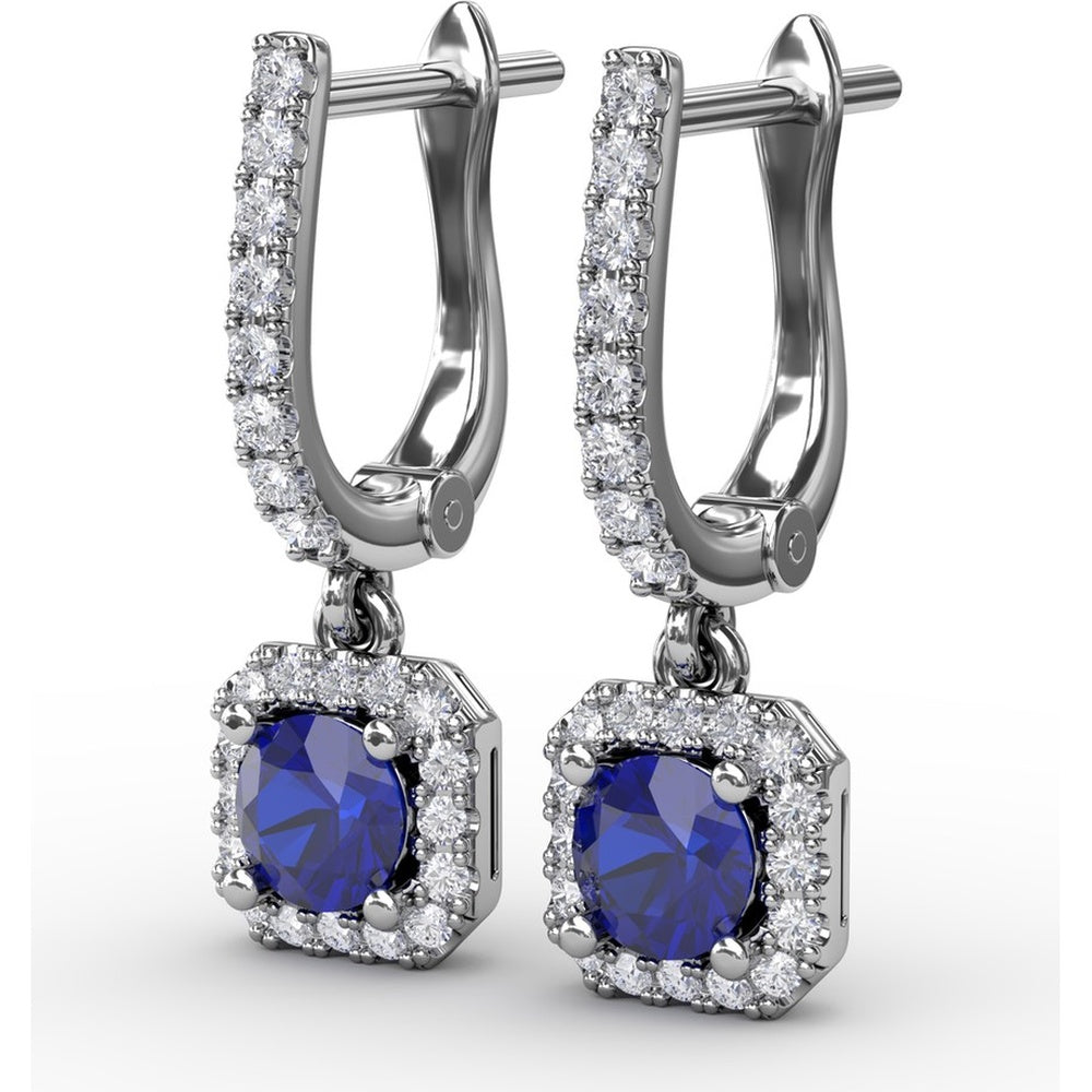 Cushion Cut Blue Sapphire Dangle Earrings with Diamond Halo by Fana - 0.97 Carat Total Gemstone Weight
