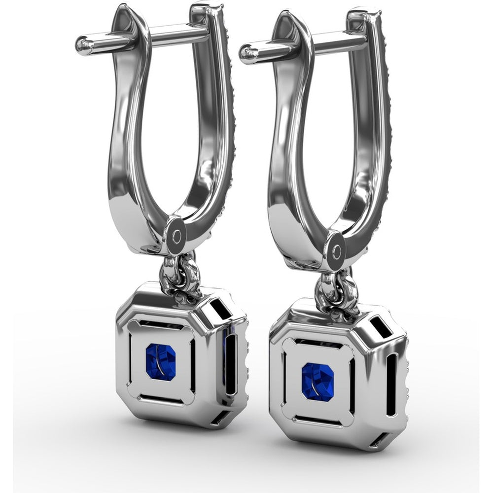 Cushion Cut Blue Sapphire Dangle Earrings with Diamond Halo by Fana - 0.97 Carat Total Gemstone Weight
