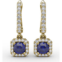Cushion Cut Blue Sapphire Dangle Earrings with Diamond Halo by Fana - 0.97 Carat Total Gemstone Weight