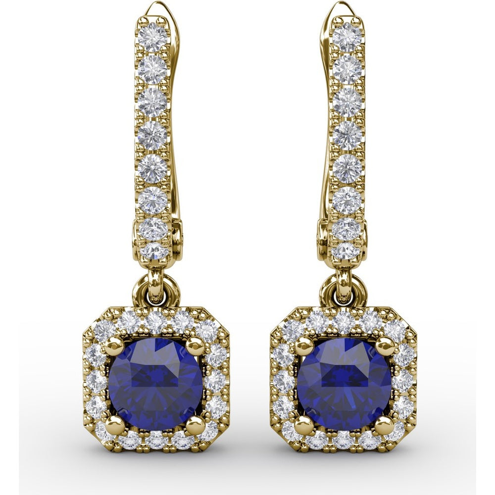 Cushion Cut Blue Sapphire Dangle Earrings with Diamond Halo by Fana - 0.97 Carat Total Gemstone Weight