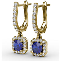 Cushion Cut Blue Sapphire Dangle Earrings with Diamond Halo by Fana - 0.97 Carat Total Gemstone Weight