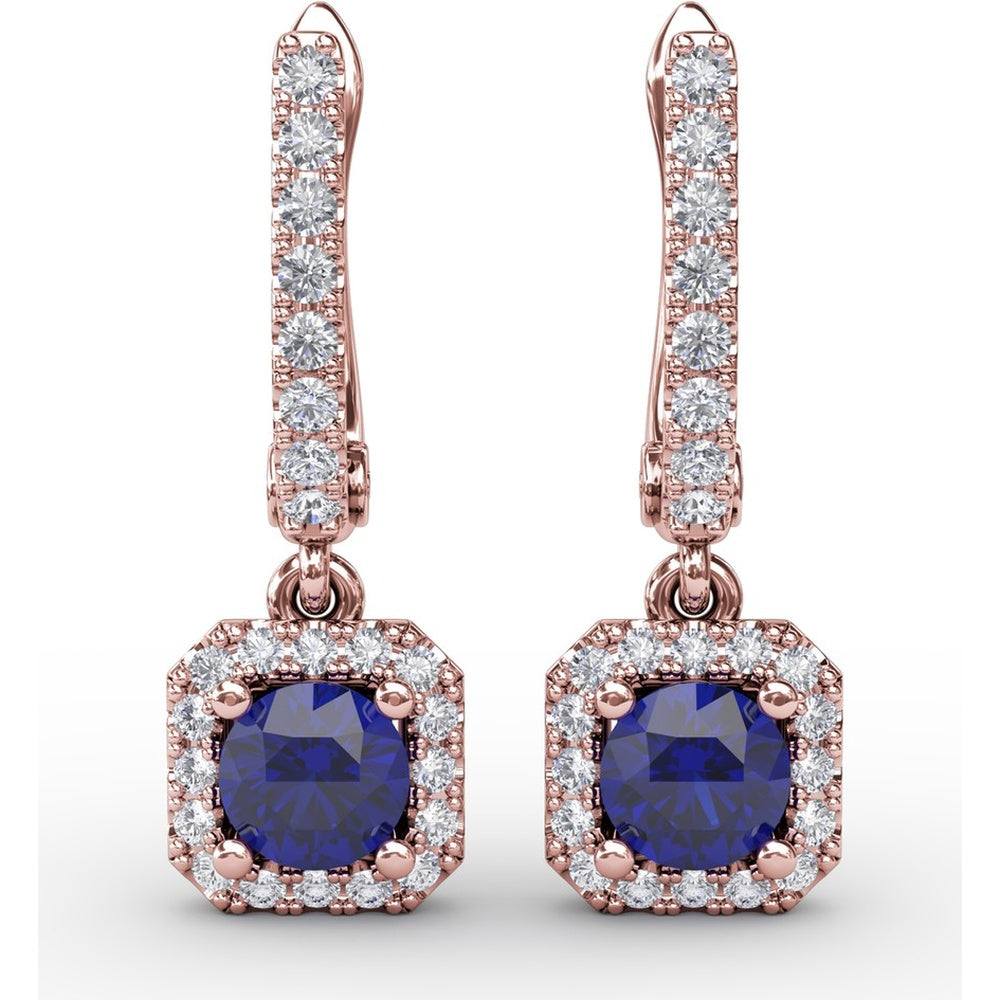 Cushion Cut Blue Sapphire Dangle Earrings with Diamond Halo by Fana - 0.97 Carat Total Gemstone Weight