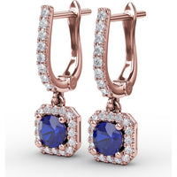 Cushion Cut Blue Sapphire Dangle Earrings with Diamond Halo by Fana - 0.97 Carat Total Gemstone Weight
