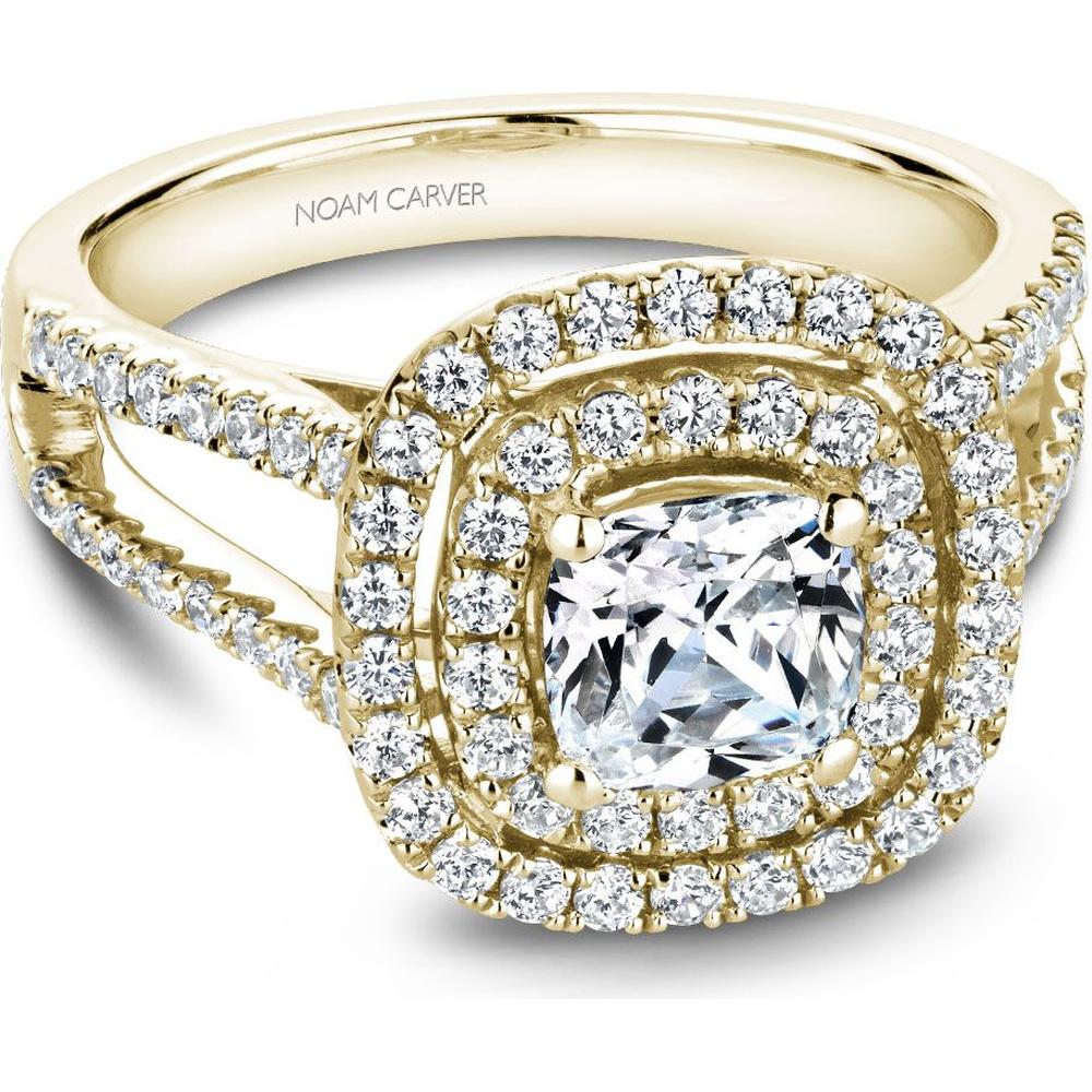Cushion Cut Diamond Engagement Ring with Double Halo and Pavé Split Shank in Yellow Gold by Noam Carver<em> - Choose Your Center Diamond: 1 to 5 Carats, Sustainable Lab-Grown or Natural Earth-Mined</em>