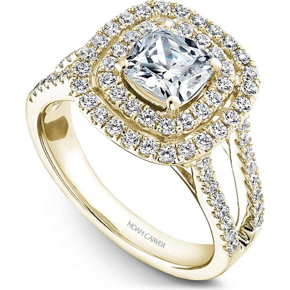 Cushion Cut Diamond Engagement Ring with Double Halo and Pavé Split Shank in Yellow Gold by Noam Carver<em> - Choose Your Center Diamond: 1 to 5 Carats, Sustainable Lab-Grown or Natural Earth-Mined</em>