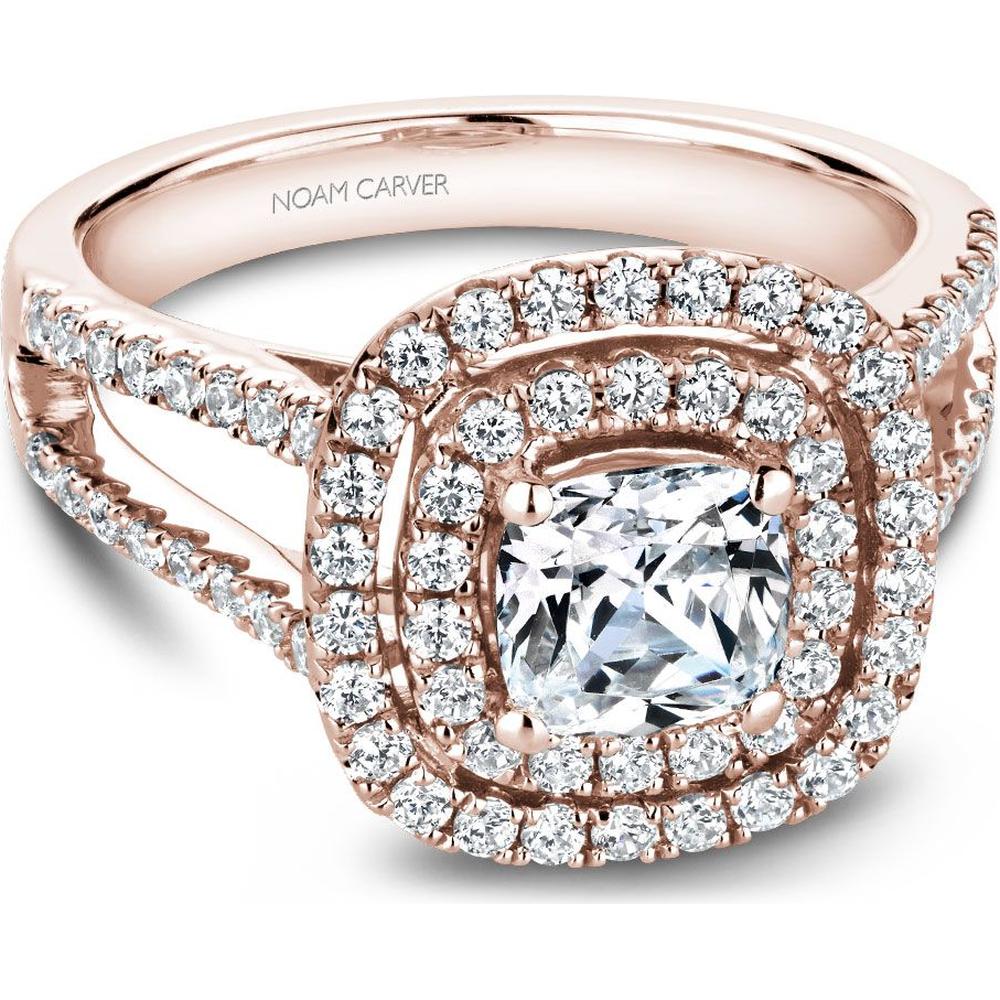 Cushion Cut Diamond Engagement Ring with Double Halo, Pavé Split Shank, and Lattice Gallery in Rose Gold by Noam Carver<em> - Choose Your Center Diamond: 1 to 5 Carats, Sustainable Lab-Grown or Natural Earth-Mined</em>