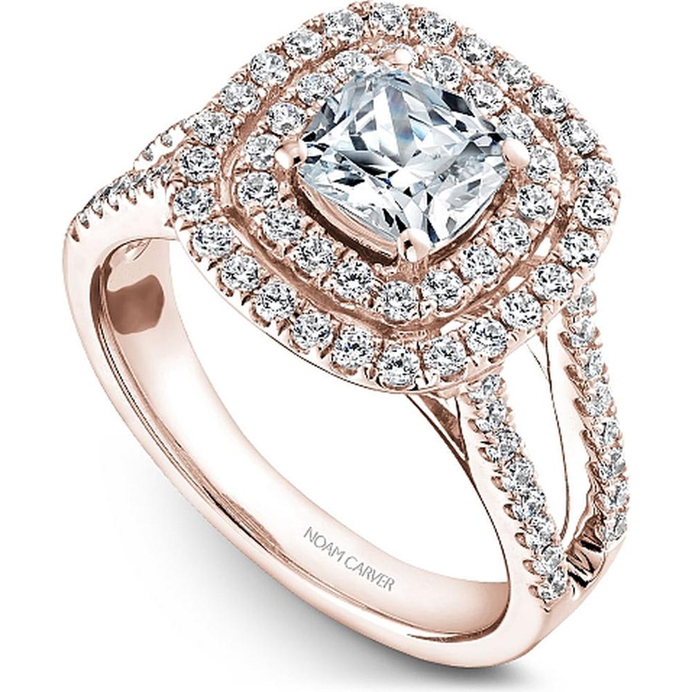 Cushion Cut Diamond Engagement Ring with Double Halo, Pavé Split Shank, and Lattice Gallery in Rose Gold by Noam Carver<em> - Choose Your Center Diamond: 1 to 5 Carats, Sustainable Lab-Grown or Natural Earth-Mined</em>