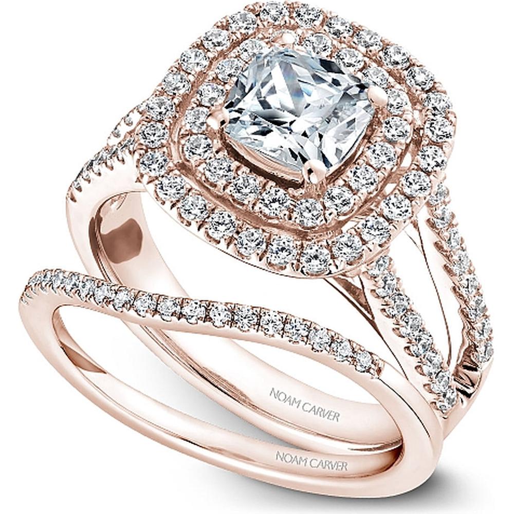 Cushion Cut Diamond Engagement Ring with Double Halo, Pavé Split Shank, and Lattice Gallery in Rose Gold by Noam Carver<em> - Choose Your Center Diamond: 1 to 5 Carats, Sustainable Lab-Grown or Natural Earth-Mined</em>