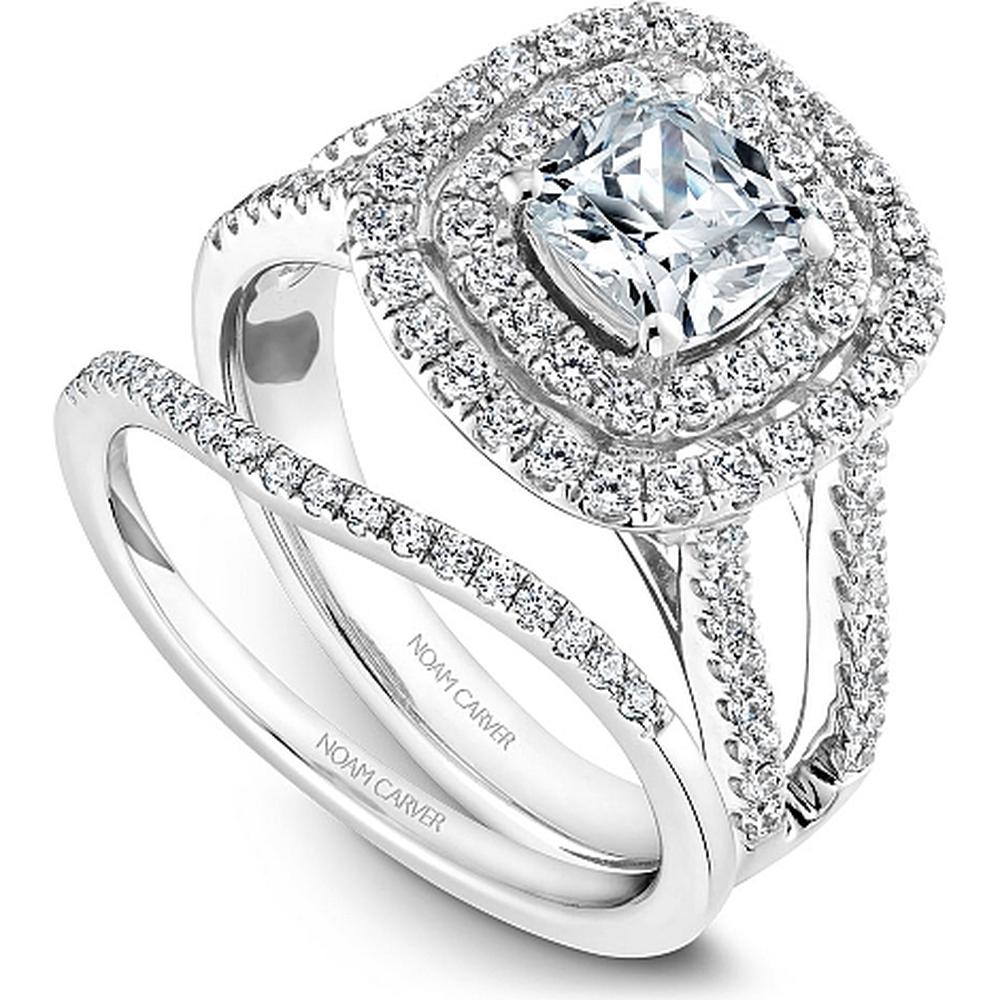 Cushion Cut Diamond Engagement Ring with Double Halo, Pavé Split Shank, and Lattice Gallery in White Gold by Noam Carver<em> - Choose Your Center Diamond: 1 to 5 Carats, Sustainable Lab-Grown or Natural Earth-Mined</em>