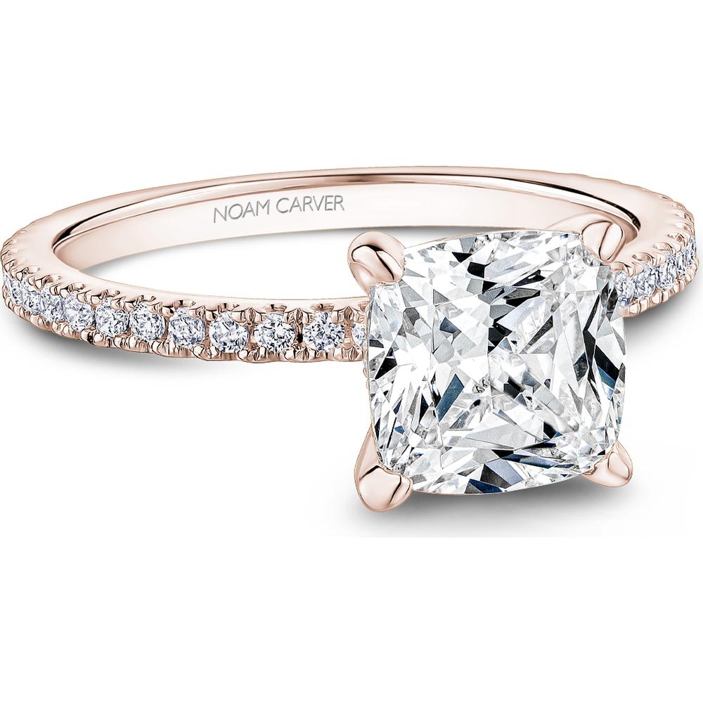 Cushion Cut Diamond Engagement Ring with Four-Prong Setting and Pavé Band in Rose Gold by Noam Carver<em> - Choose Your Center Diamond: 1 to 5 Carats, Sustainable Lab-Grown or Natural Earth-Mined</em>