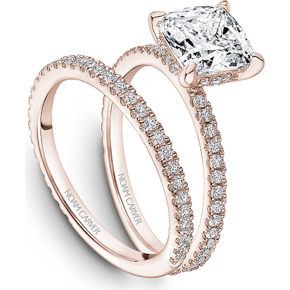 Cushion Cut Diamond Engagement Ring with Four-Prong Setting and Pavé Band in Rose Gold by Noam Carver<em> - Choose Your Center Diamond: 1 to 5 Carats, Sustainable Lab-Grown or Natural Earth-Mined</em>