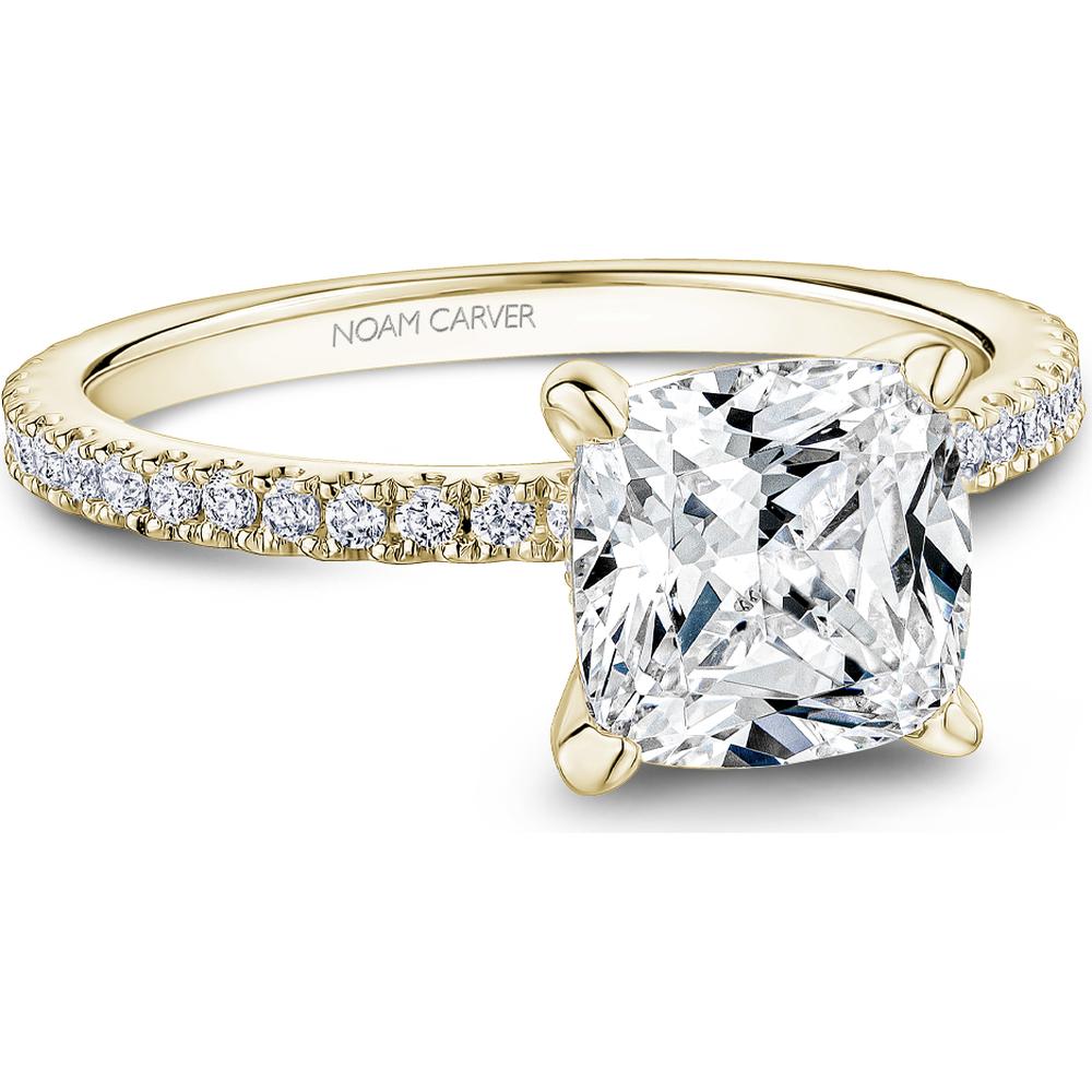 Cushion Cut Diamond Engagement Ring with Four-Prong Setting and Pavé Shoulders in Yellow Gold by Noam Carver<em> - Choose Your Center Diamond: 1 to 5 Carats, Sustainable Lab-Grown or Natural Earth-Mined</em>