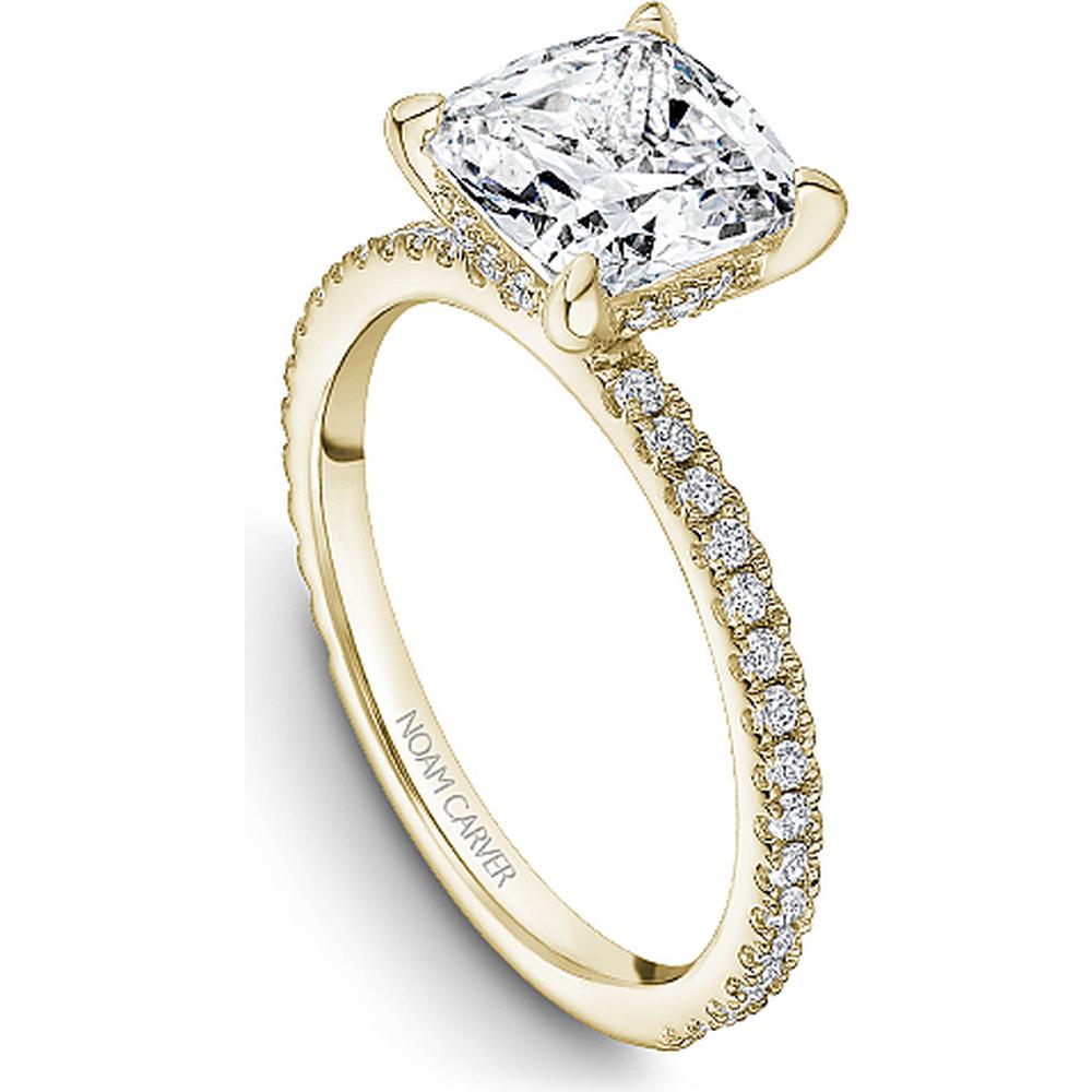 Cushion Cut Diamond Engagement Ring with Four-Prong Setting and Pavé Shoulders in Yellow Gold by Noam Carver<em> - Choose Your Center Diamond: 1 to 5 Carats, Sustainable Lab-Grown or Natural Earth-Mined</em>