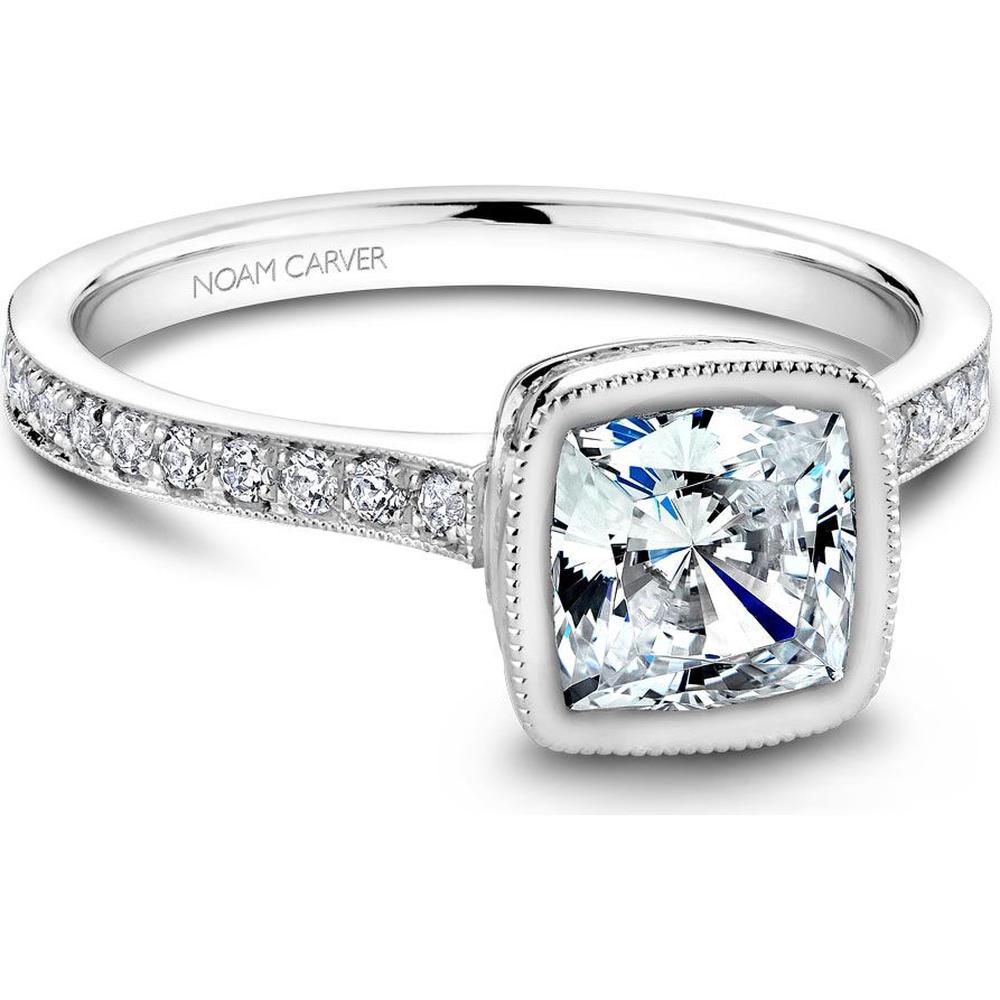 Cushion-Cut Diamond Engagement Ring with Halo and Micro-Pav&eacute; Band in White Gold by Noam Carver<em> - Choose Your Center Diamond: 1 to 5 Carats, Sustainable Lab-Grown or Natural Earth-Mined</em>