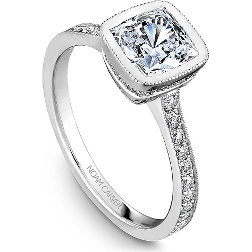 Cushion-Cut Diamond Engagement Ring with Halo and Micro-Pav&eacute; Band in White Gold by Noam Carver<em> - Choose Your Center Diamond: 1 to 5 Carats, Sustainable Lab-Grown or Natural Earth-Mined</em>