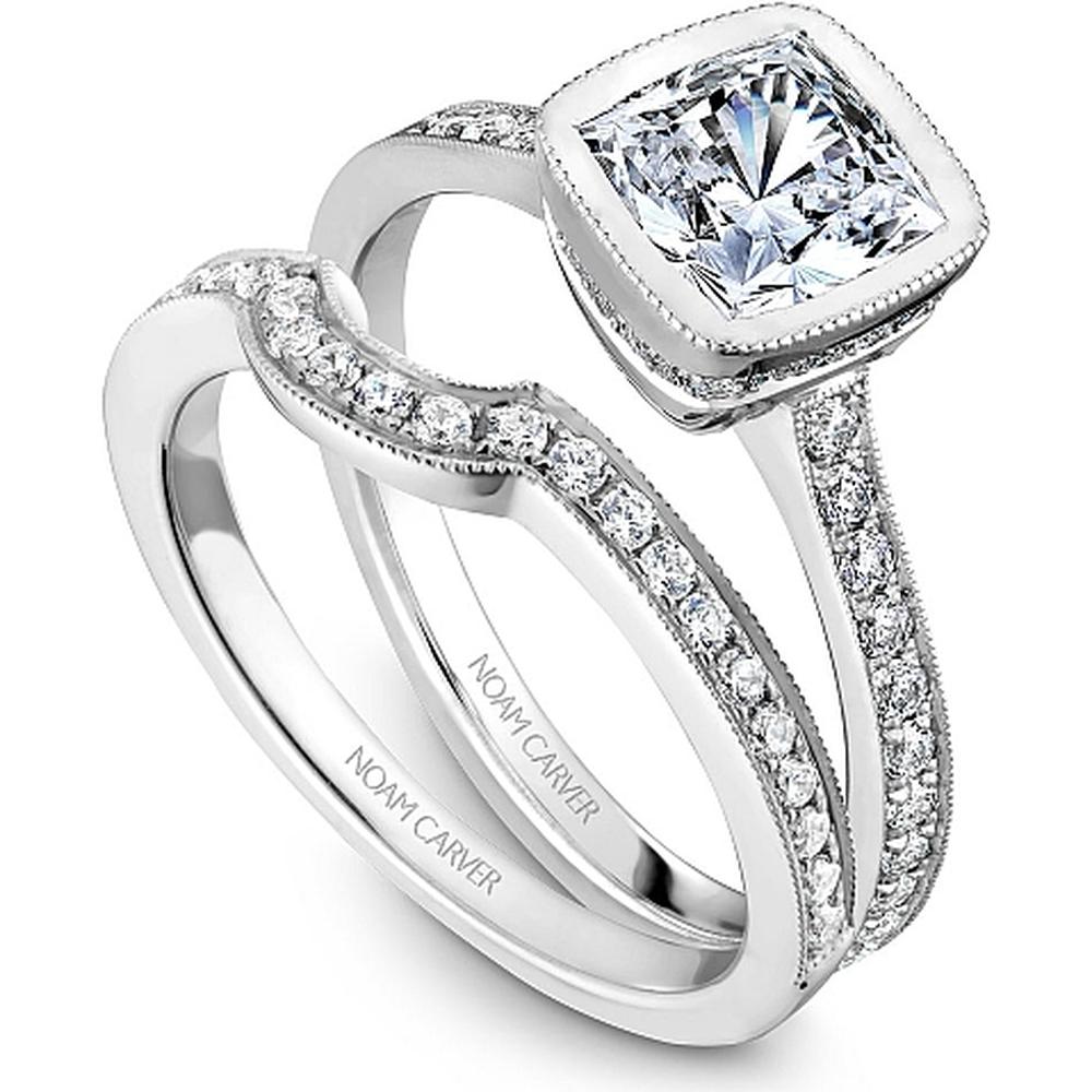 Cushion-Cut Diamond Engagement Ring with Halo and Micro-Pav&eacute; Band in White Gold by Noam Carver<em> - Choose Your Center Diamond: 1 to 5 Carats, Sustainable Lab-Grown or Natural Earth-Mined</em>
