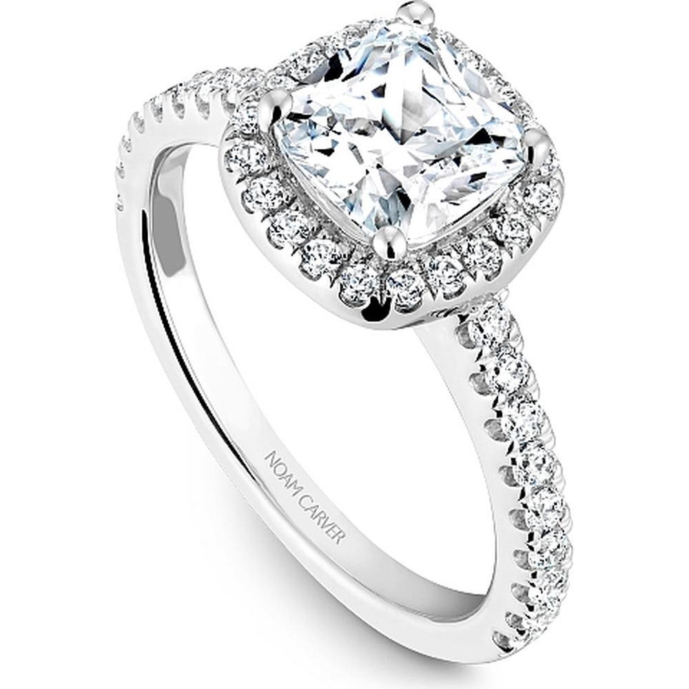 Cushion Cut Diamond Engagement Ring with Halo and Pav&eacute; Band in White Gold by Noam Carver<em> - Choose Your Center Diamond: 1 to 5 Carats, Sustainable Lab-Grown or Natural Earth-Mined</em>