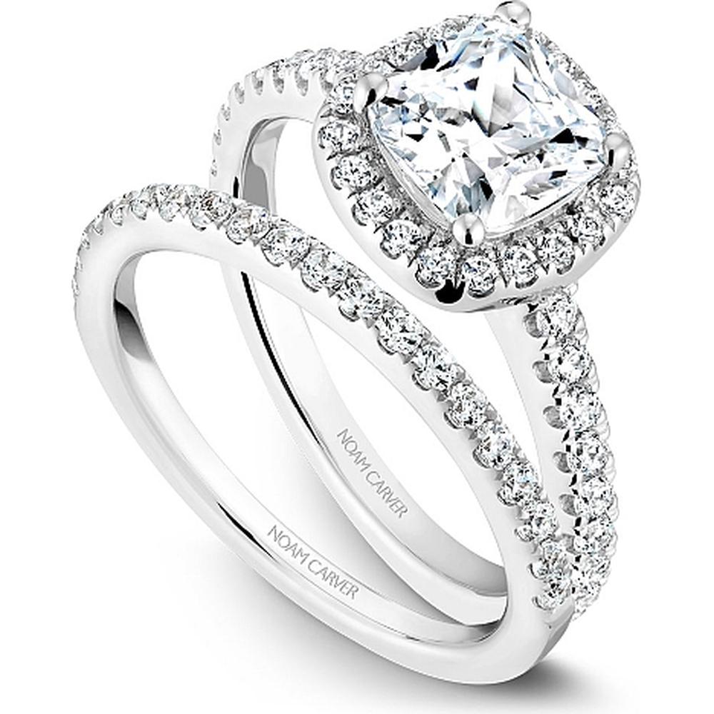 Cushion Cut Diamond Engagement Ring with Halo and Pav&eacute; Band in White Gold by Noam Carver<em> - Choose Your Center Diamond: 1 to 5 Carats, Sustainable Lab-Grown or Natural Earth-Mined</em>