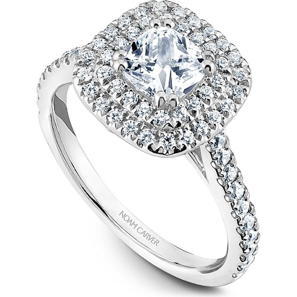 Cushion Cut Diamond Engagement Ring with Halo and Pavé-Set Band in White Gold by Noam Carver<em> - Choose Your Center Diamond: 1 to 5 Carats, Sustainable Lab-Grown or Natural Earth-Mined</em>