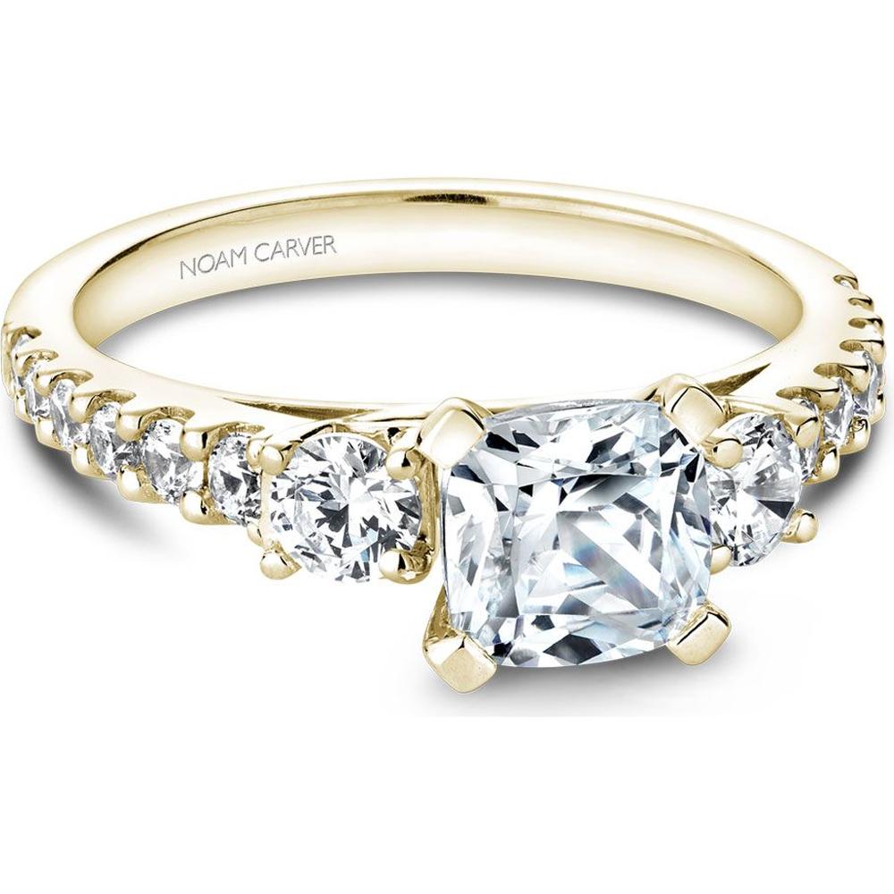 Cushion Cut Diamond Engagement Ring with Pavé Band and Side Stones in Yellow Gold by Noam Carver<em> - Choose Your Center Diamond: 1 to 5 Carats, Sustainable Lab-Grown or Natural Earth-Mined</em>