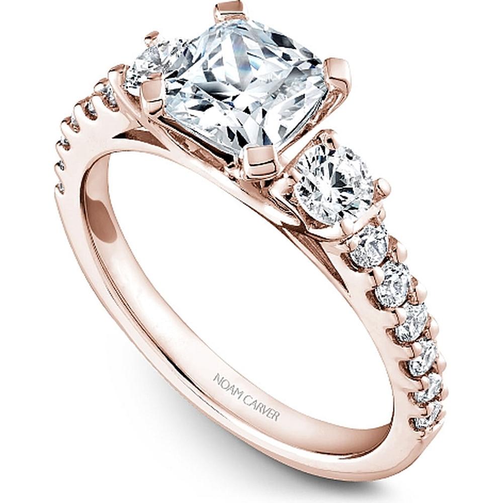 Cushion Cut Diamond Engagement Ring with Side Stones and Pavé Band in Rose Gold by Noam Carver<em> - Choose Your Center Diamond: 1 to 5 Carats, Sustainable Lab-Grown or Natural Earth-Mined</em>