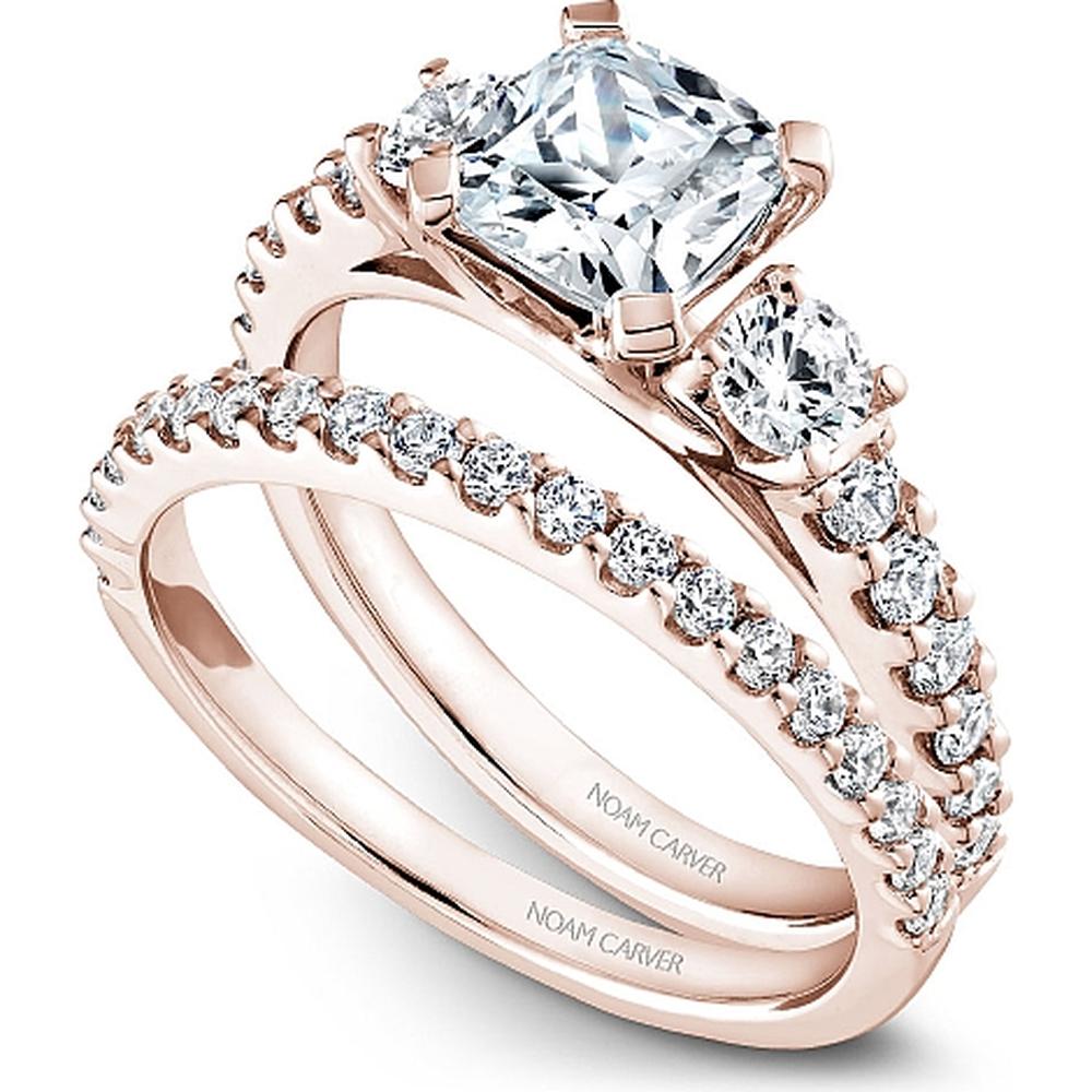 Cushion Cut Diamond Engagement Ring with Side Stones and Pavé Band in Rose Gold by Noam Carver<em> - Choose Your Center Diamond: 1 to 5 Carats, Sustainable Lab-Grown or Natural Earth-Mined</em>
