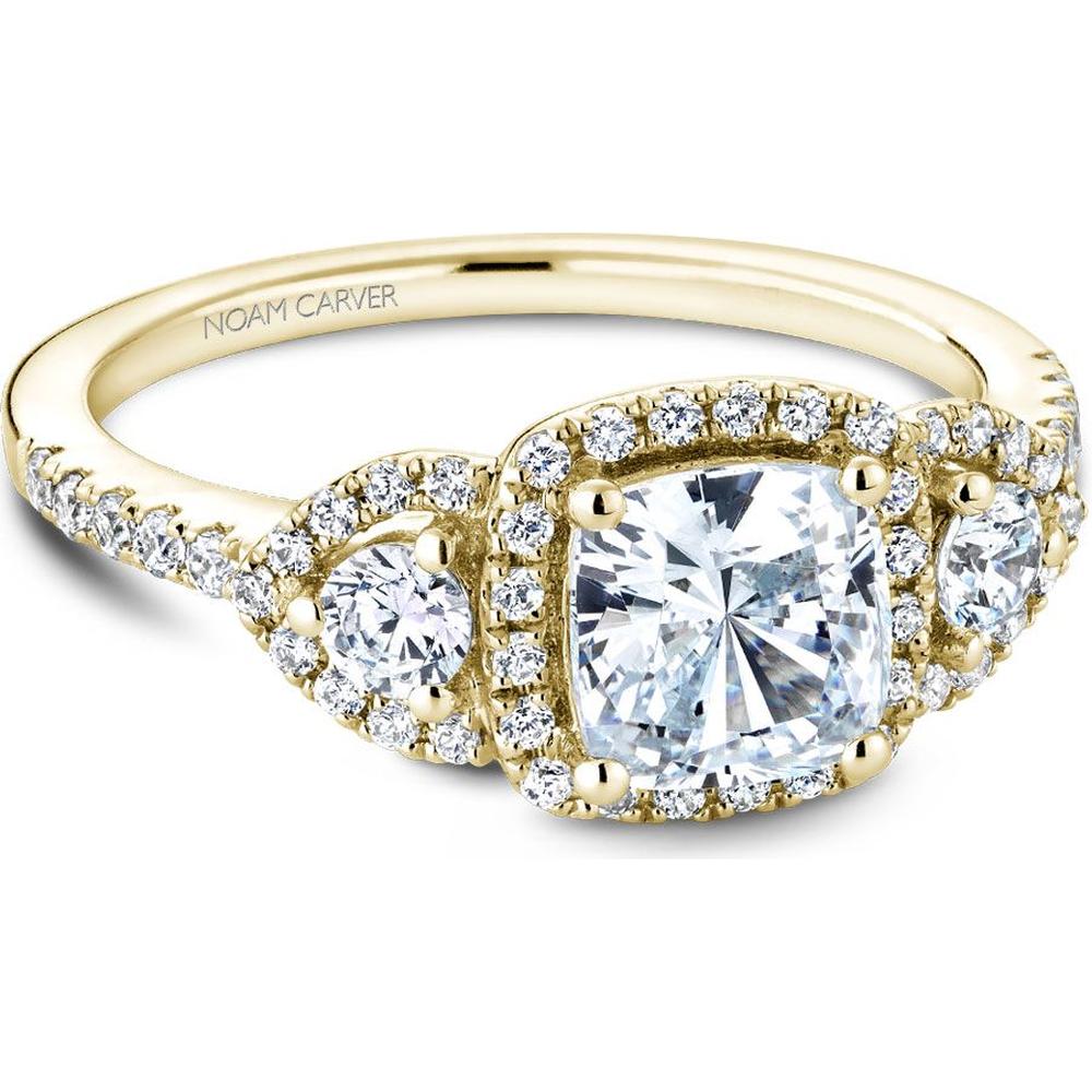 Cushion Cut Diamond Engagement Ring with Three-Stone Setting and Pavé Band in Yellow Gold by Noam Carver<em> - Choose Your Center Diamond: 1 to 5 Carats, Sustainable Lab-Grown or Natural Earth-Mined</em>