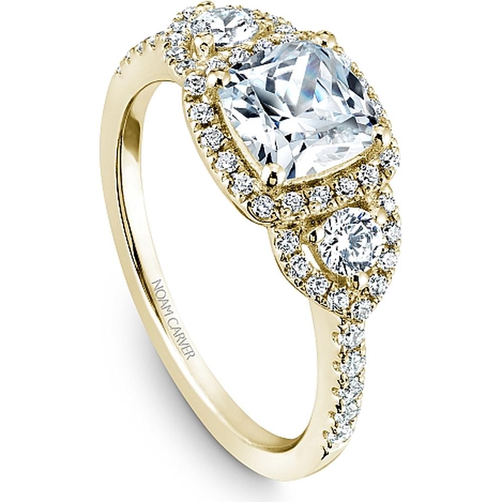 Cushion Cut Diamond Engagement Ring with Three-Stone Setting and Pavé Band in Yellow Gold by Noam Carver<em> - Choose Your Center Diamond: 1 to 5 Carats, Sustainable Lab-Grown or Natural Earth-Mined</em>