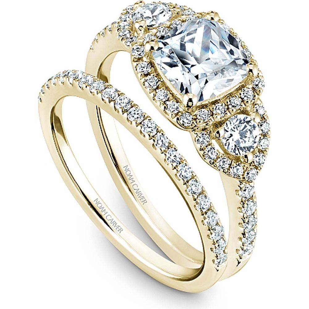 Cushion Cut Diamond Engagement Ring with Three-Stone Setting and Pavé Band in Yellow Gold by Noam Carver<em> - Choose Your Center Diamond: 1 to 5 Carats, Sustainable Lab-Grown or Natural Earth-Mined</em>